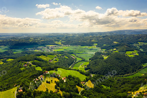 Preview: Aerial view of green hills and vineyards with mountains in background