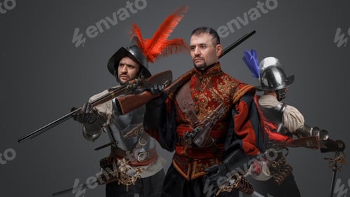 Preview: Brave conquistador with two soldiers against gray background
