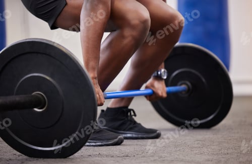 Preview: Black man hands, barbell and weights training of a bodybuilder in a fitness gym. Exercise, workout