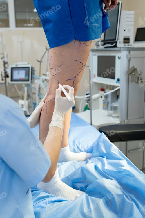 Preview: Doctor drawing leg veins for vascular therapy.