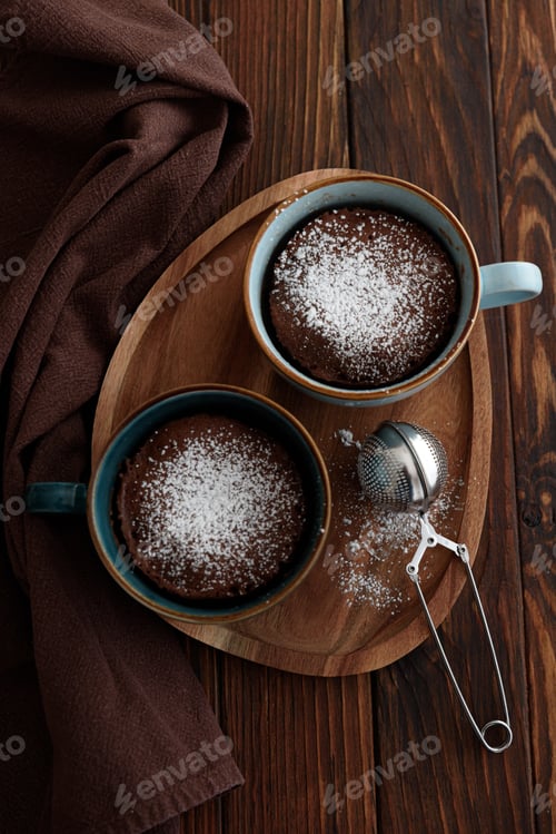 Preview: Two chocolate mug cake under sugar icing on dark wooden table