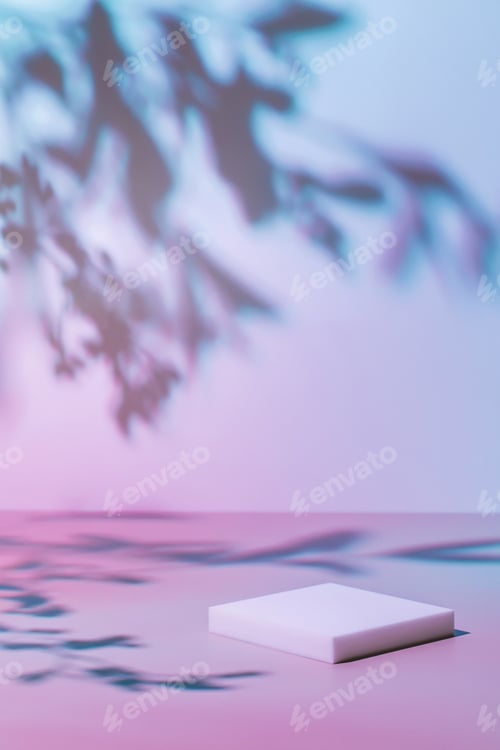 Preview: square white podium on pastel pink neon holographic background with plants shadows