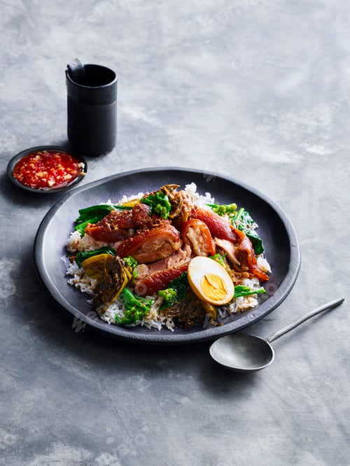Preview: Plate of rice topped with egg and bacon on a textured table.