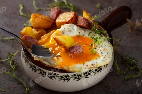 Preview: Egg with fries and fried salami