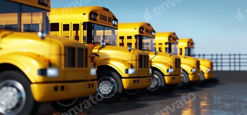 Yellow school bus fleet on parking