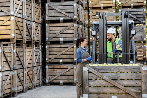 Preview: Manager and driver work in warehouse with many wooden boxes, load boxes of fruit for storage