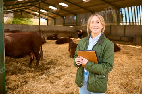 Preview: Portrait Of Female Farm Worker Or Manager Standing Inside Cattle Barn With Digital Tablet