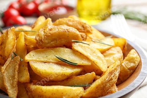 Preview: Plate with tasty baked potato wedges on table, closeup