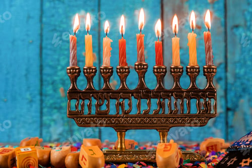 Preview: Happy Hanukkah of jewish holiday Hanukkah with menorah by wooden dreidels