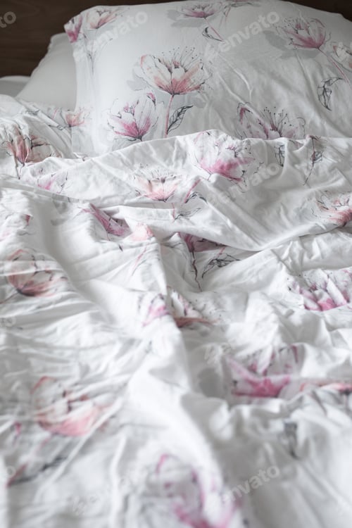 Preview: Wrinkled pink flower pattern quilt cover bed set sheets cover bright white on timber bed frame lit