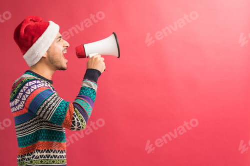 Preview: Latin Male Screaming Declaration Against Red Background