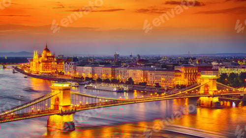 Preview: Budapest city night scene. View at Chain bridge, river Danube an