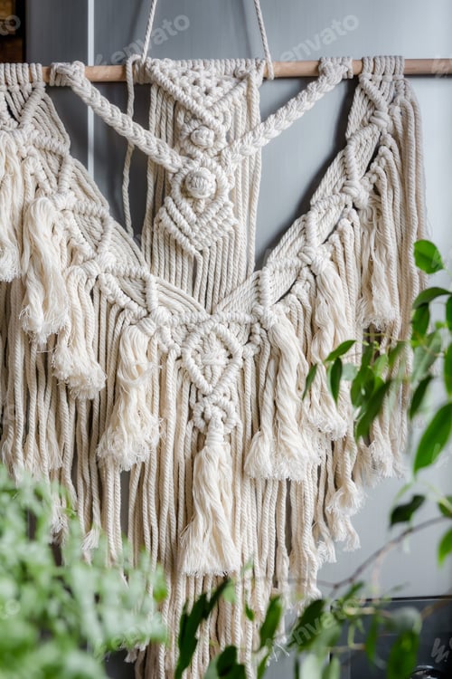Preview: Macrame. Handmade macrame weaving and cotton threads on a rustic wooden stick. Scandinavian style in