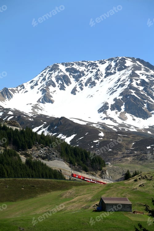 Preview: View of a red train passing through a green valley with a snowy mountain backdrop under a blue sky.