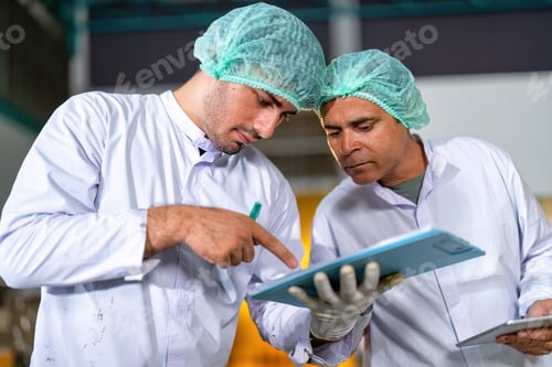 Preview: Warehouse quality control team looking checklist drinking bottle stack on pallet before delivery