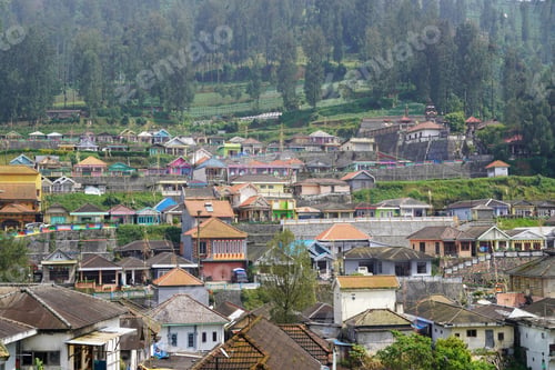Preview: Beautiful view of a small village of Ngadiwono in Bromo Indonesia with tiny colorful buildings