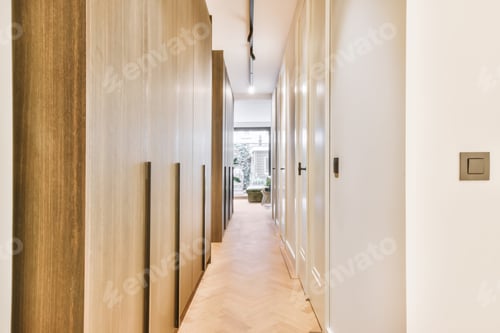 Preview: Long narrow corridor with a wooden wardrobe