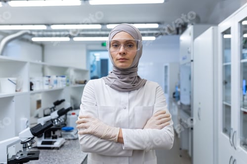 Preview: Portrait of a young Muslim female lab technician, pharmacist in hijab and protective glasses