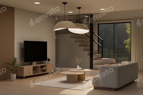 Preview: Comfortable contemporary home living room with staircase interior design, couch, smart TV