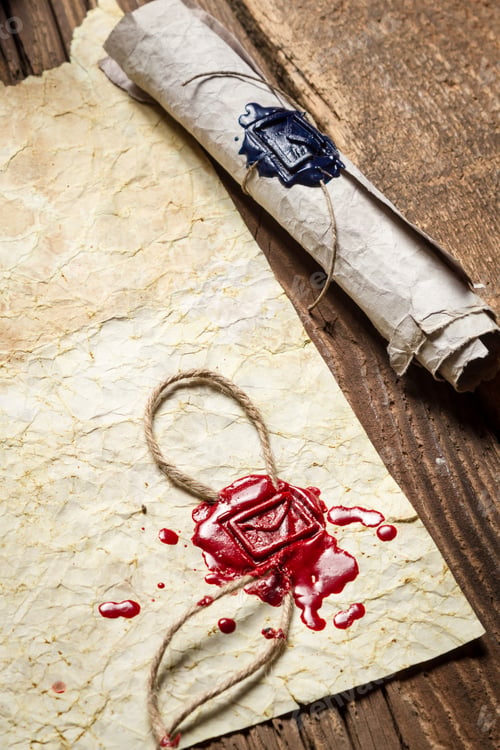Preview: Close-up of the scroll and old paper with red sealant