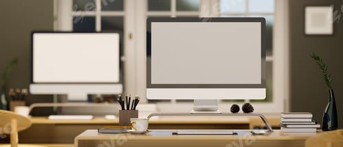Preview: Computer mockup on wooden table in modern office workplace