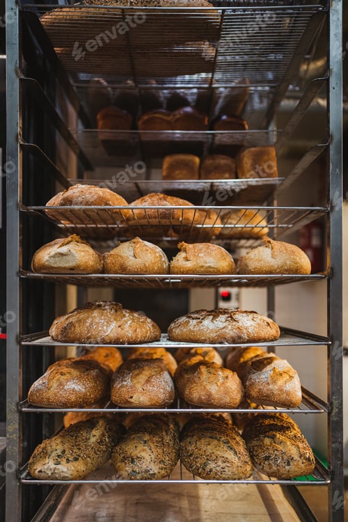 Preview: Breads on metal tray rack trolley cooling down