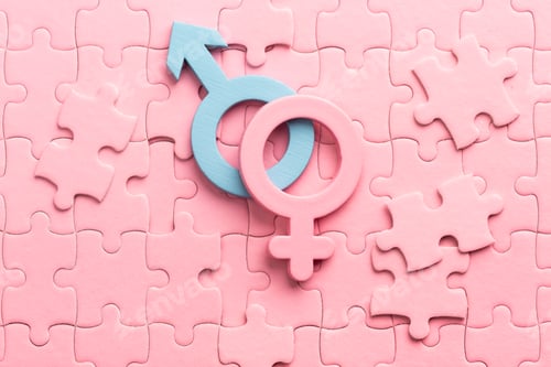 Preview: Masculine and feminine lie on puzzles. Concept of sex, couple, family. Venus symbol