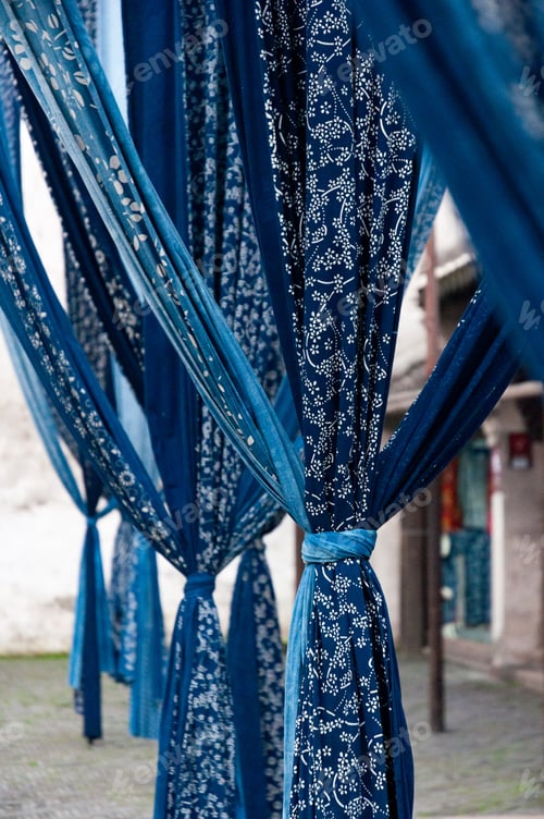Preview: Blue calico hanging for drying. Blue print fabric is an ancient handmade traditional printing fabric