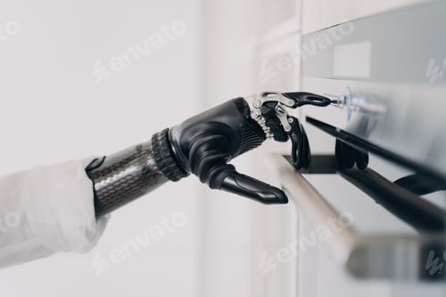 Preview: Oven opening with cyber arm prosthesis grasp. Disabled person amputee going to cook.