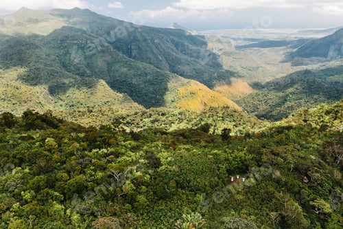 Preview: Aerial view of mountains and fields in Mauritius island
