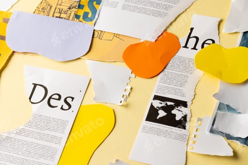 Preview: Ripped up pieces of notebooks, newspaper and coloured paper with copyspace on yellow background