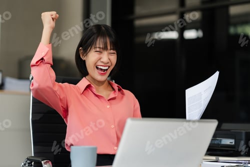 Preview: Smiling woman succeeding in business using laptop and computer while doing some paperwork