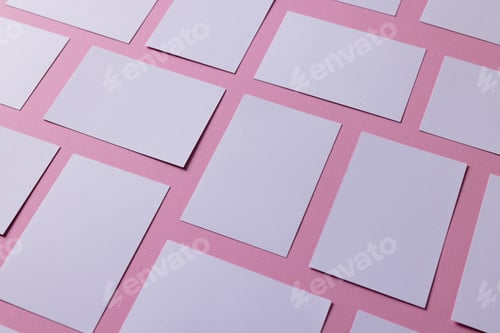 Preview: White business cards with copy space on pink background