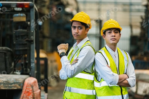 Preview: Portrait two engineers, Worker wear uniform and helmet arm crossed standing in warehouse