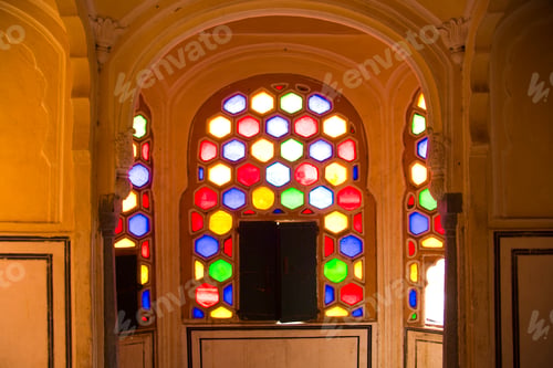 Preview: Stained glass window Inside Hawa Mahal or Palace of Winds, Jaipur, India.