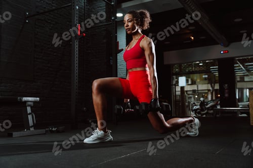 Preview: Fit young woman in red sport outfit making workout in the gym