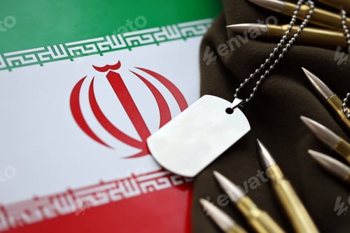 Preview: Many rifle bullets and dog tags with flag of Islamic Republic of Iran