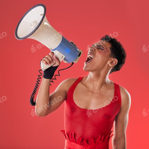 Preview: Anger, gay and a man with a megaphone for expression isolated on a red background in a studio. Deci