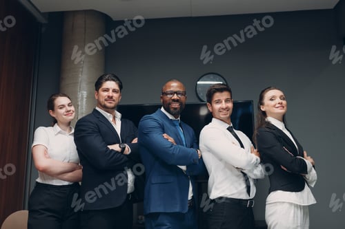 Preview: Businessman and businesswoman team stand at office meeting. Business people group portrait