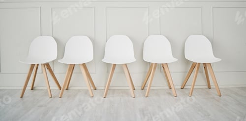Preview: Recruitment, hiring and chairs in an office for an interview, company space and marketing a job. Hu