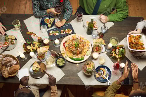 Preview: Dining table with dish and appetizers