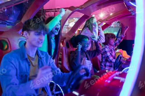 Preview: Excited Friends Playing Arcade Racing Game Together,