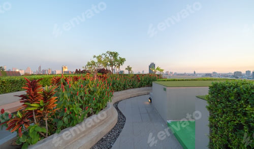 Preview: Sky garden on private rooftop of condominium or hotel, high rise architecture building, grass field