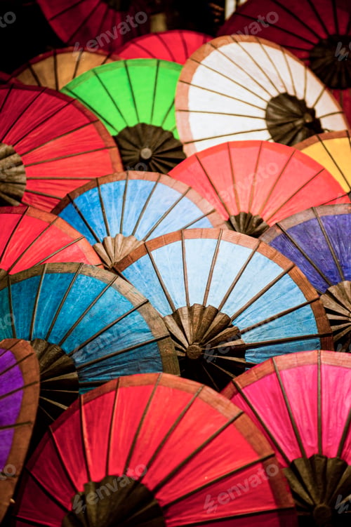 Preview: Colourful Umbrellas for Sale at the Night Market in Luang Prabang, Laos, Southeast Asia