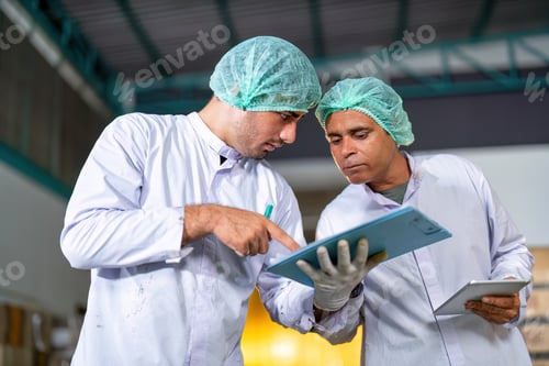 Preview: Warehouse quality control team looking checklist drinking bottle stack on pallet before delivery
