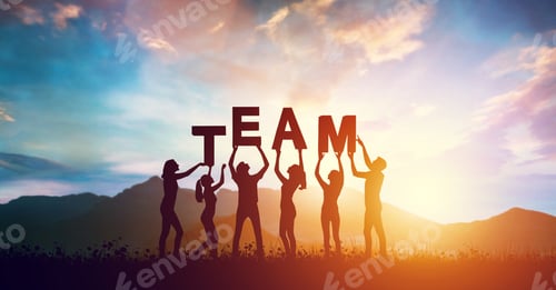 Preview: People, women and men holding TEAM word together at sunset, teamwork concept