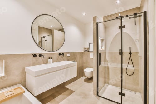 Preview: a bathroom with a shower sink and a mirror
