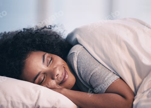 Preview: Sleeping, woman and smile in bed with morning nap at home with rest feeling calm with peace. House,