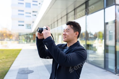 Preview: Male asian photographer, tourist makes photo camera