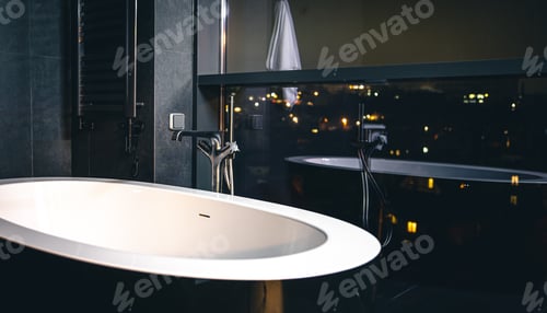 Preview: Interior of a modern bathroom with a window overlooking the city.